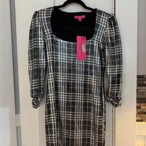 Betsey Johnson Black and White Sheath Dress with Puff Sleeves